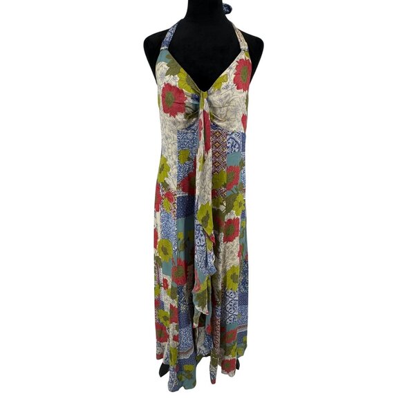 Monsoon Halterneck Maxi Dress Womens Size L‎ Silk Floral Flowy Y2K Empire Waist - Picture 3 of 7
